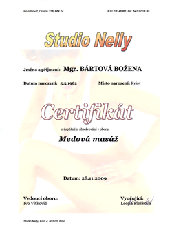 Certifikát - Medová masáž